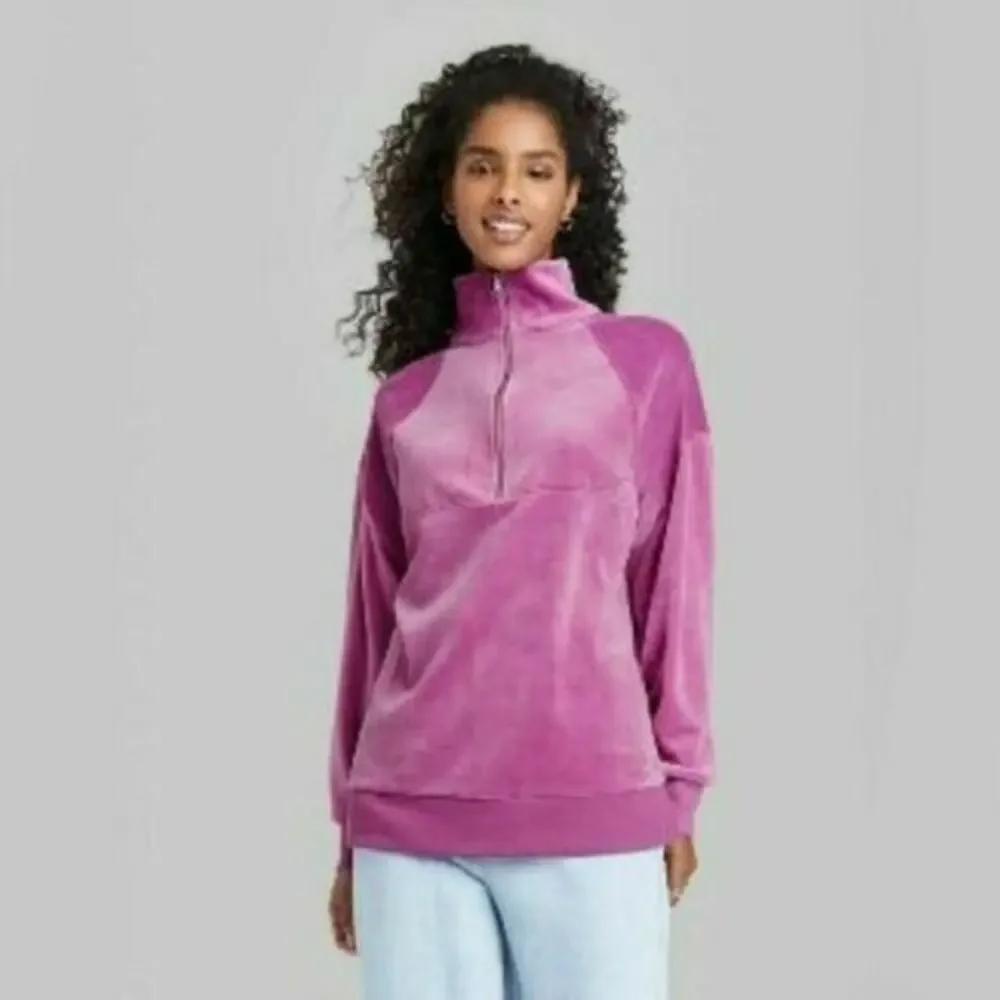 Wild Fable Quarter‎ Zip Sweatshirt Medium Purple Velour Jacket Relaxed Fit Layer - Picture 9 of 12